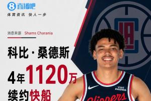 Shams:科比·桑德斯与快船续约4年,年薪1120万美元,场均出场19.9分钟贡献7.3分